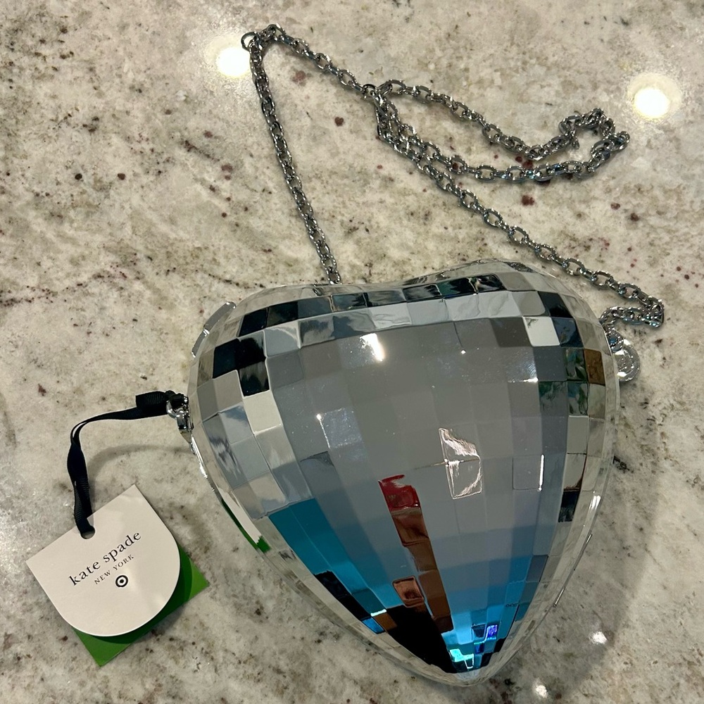 Kate Spade x Target Silver Heart Disco Ball  Clutch with Pink Interior